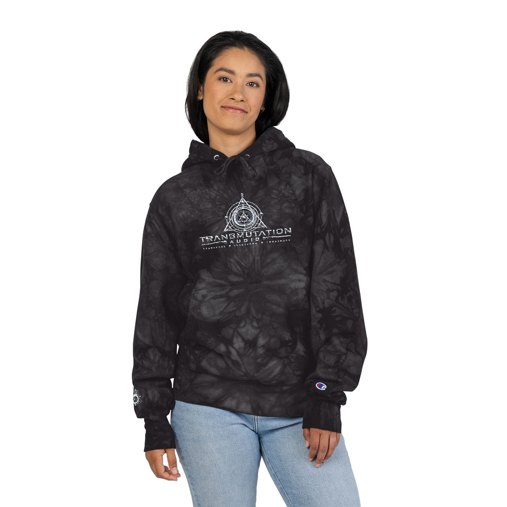 Tie-Dye Embroidered Hoodie — Black Champion-Style with Graphic Logo