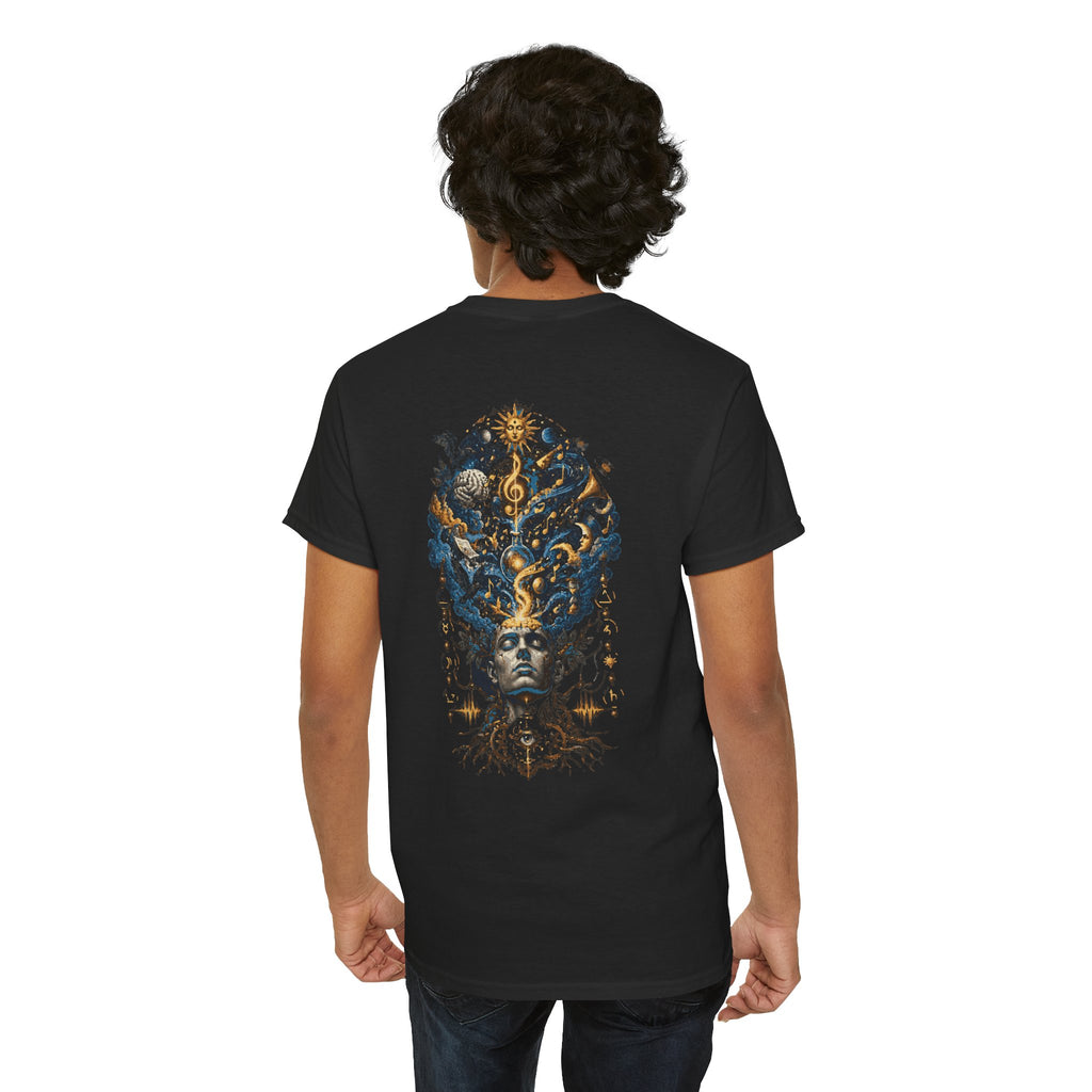 Mystic Oracle Graphic Tee — Surreal Blue & Gold Headdress Back Print
