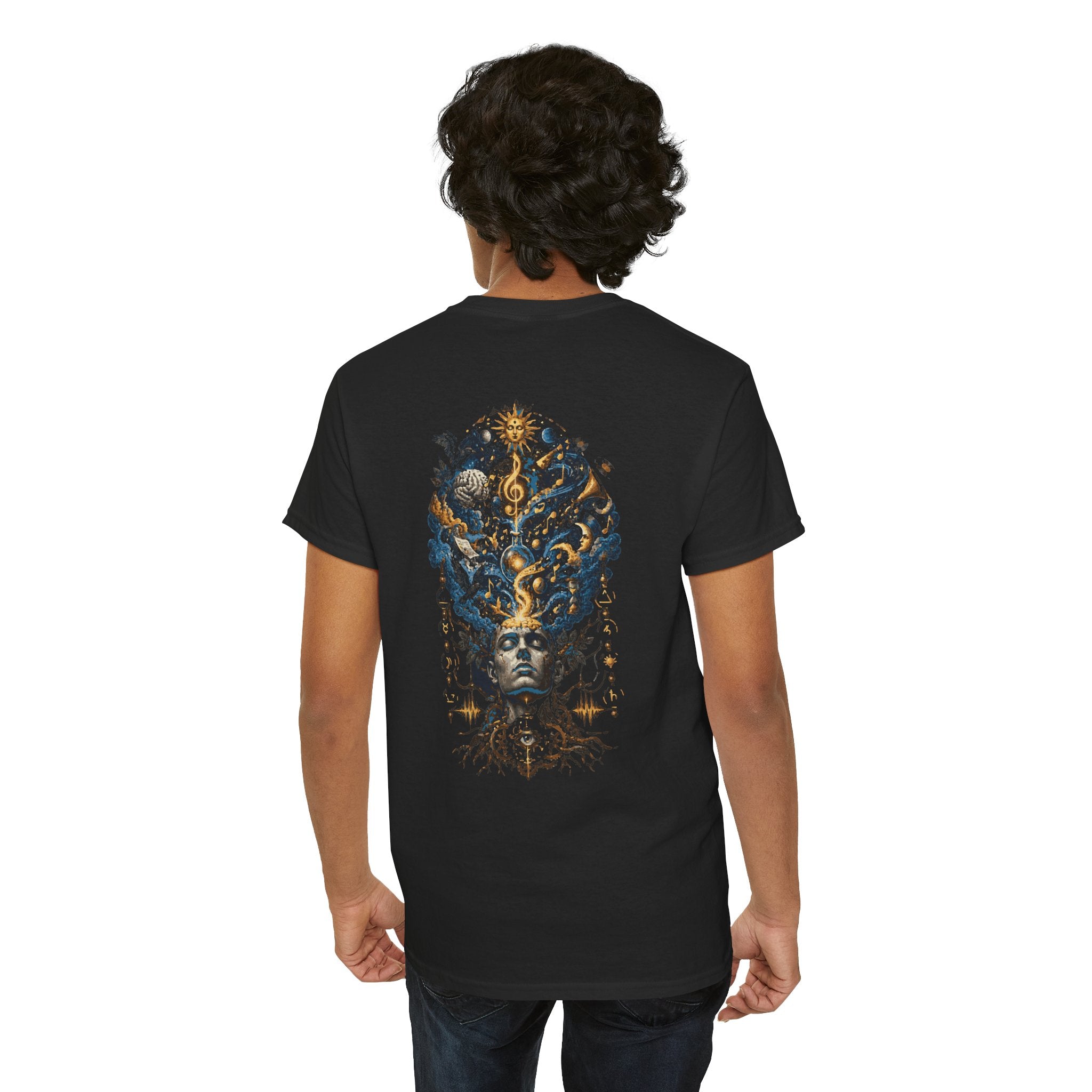 Mystic Oracle Graphic Tee — Surreal Blue & Gold Headdress Back Print