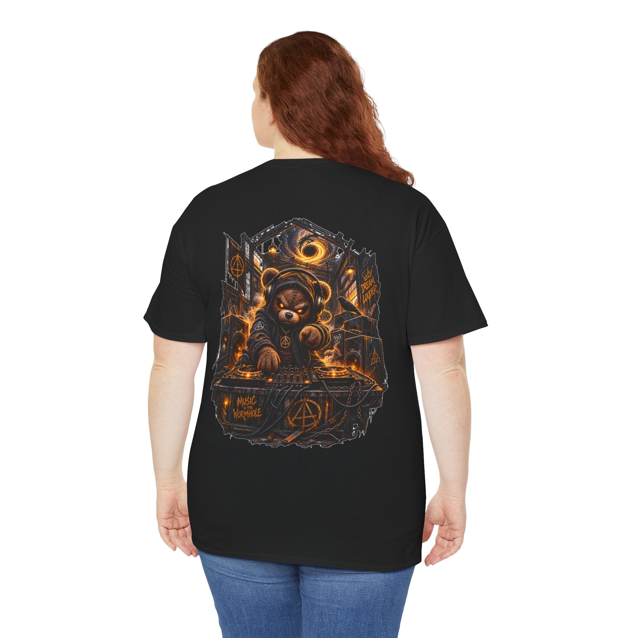 Graphic Tee — Dark Teddy Bear Night Scene with 'Little Monster' Back Print