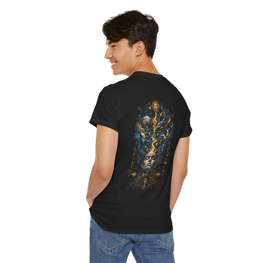 Mystic Oracle Graphic Tee — Surreal Blue & Gold Headdress Back Print