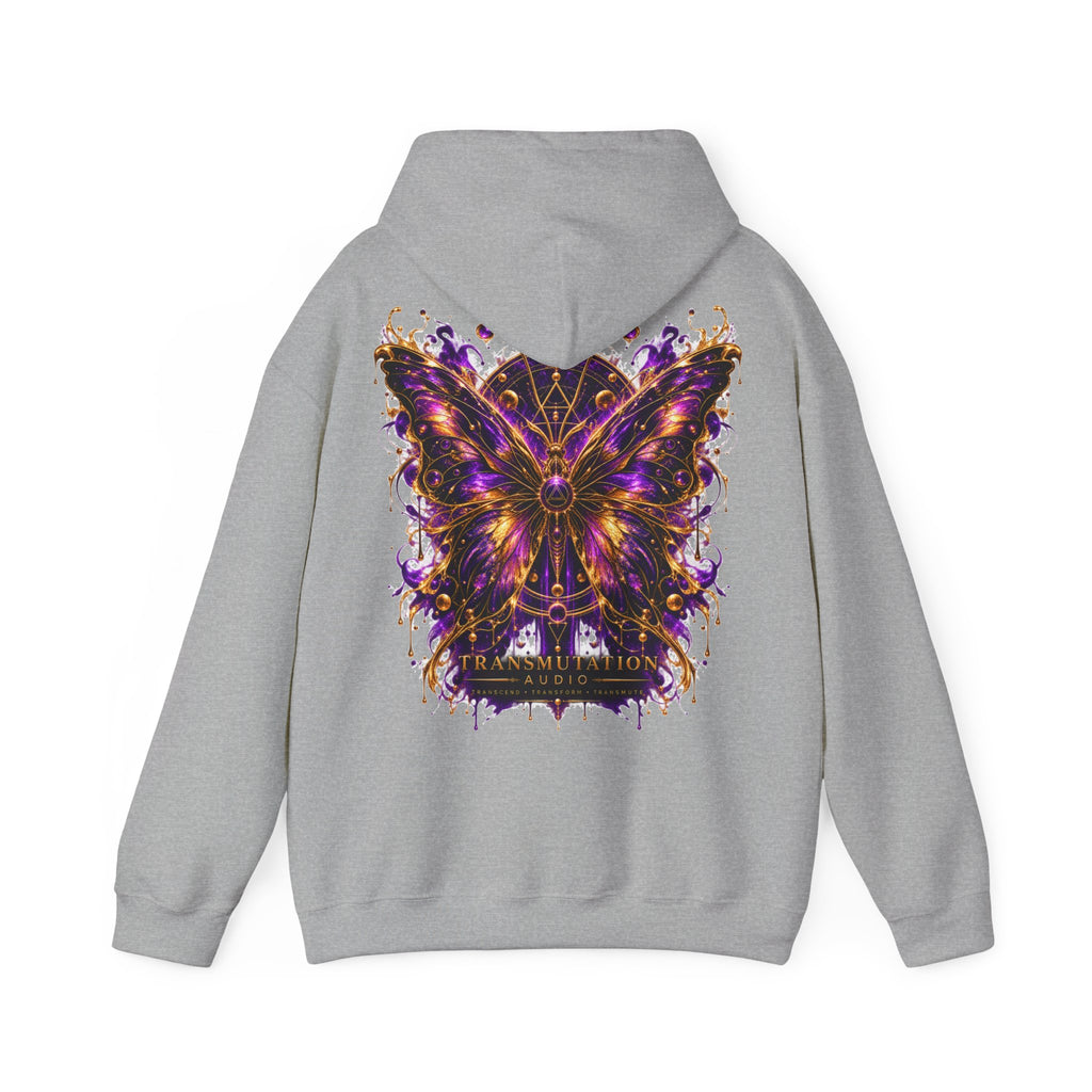 Transformation Butterfly Hoodie — Purple Gold Metamorphosis Graphic Hoodie