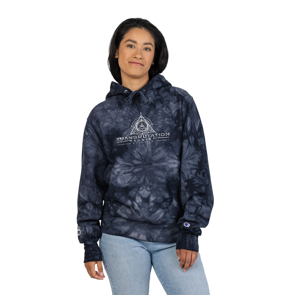 Tie-Dye Embroidered Hoodie — Black Champion-Style with Graphic Logo
