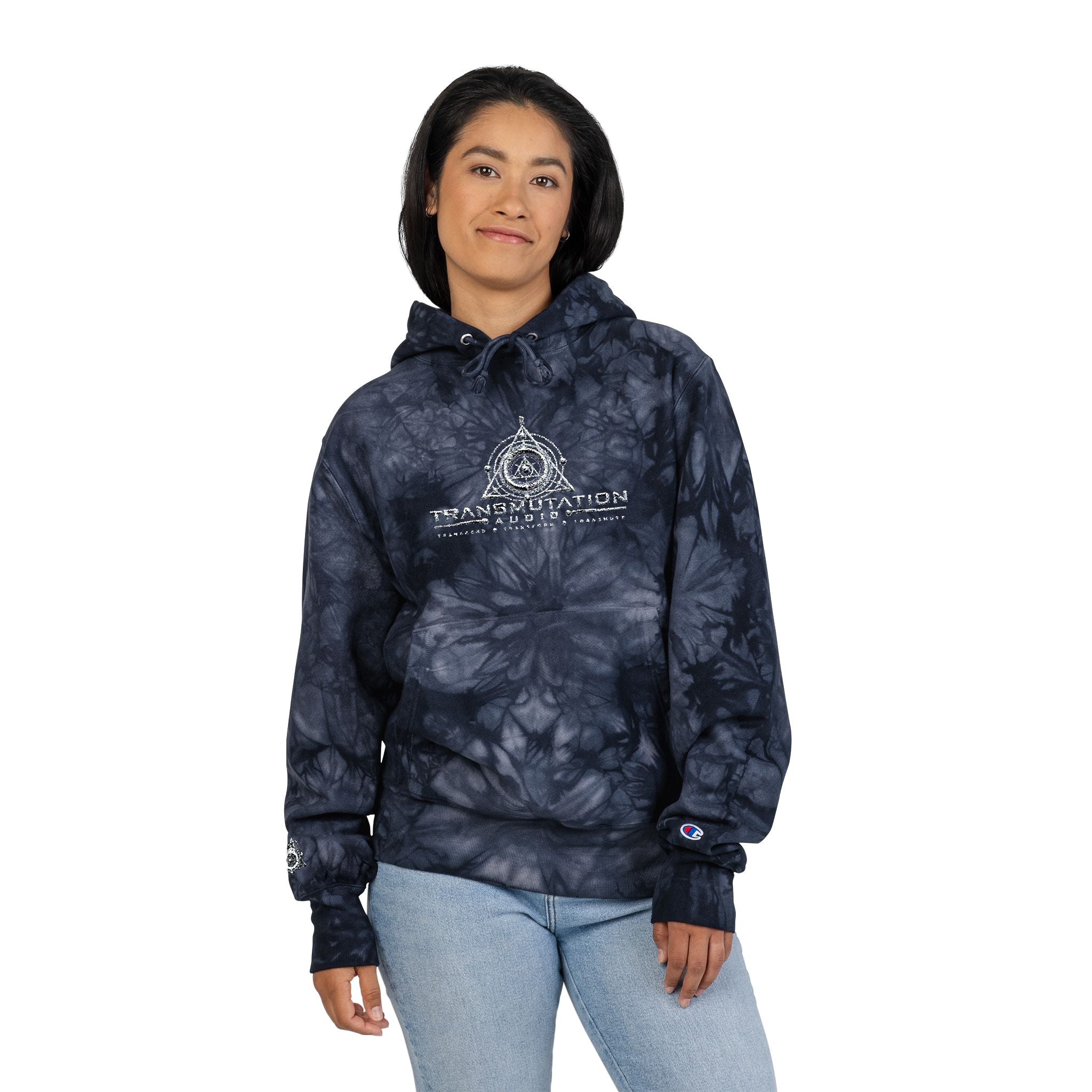 Tie-Dye Embroidered Hoodie — Black Champion-Style with Graphic Logo