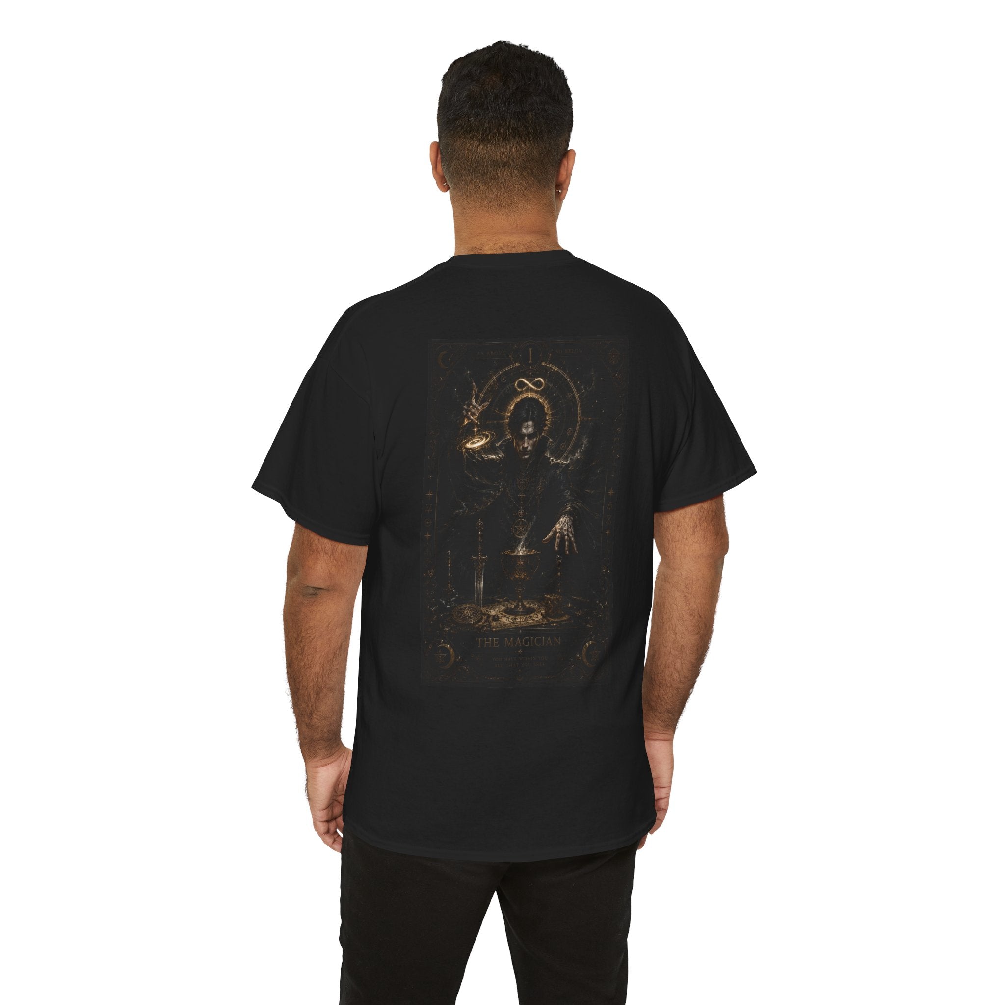 Occult Alchemist Graphic Tee — Dark Gothic Backprint with Gold Sigils