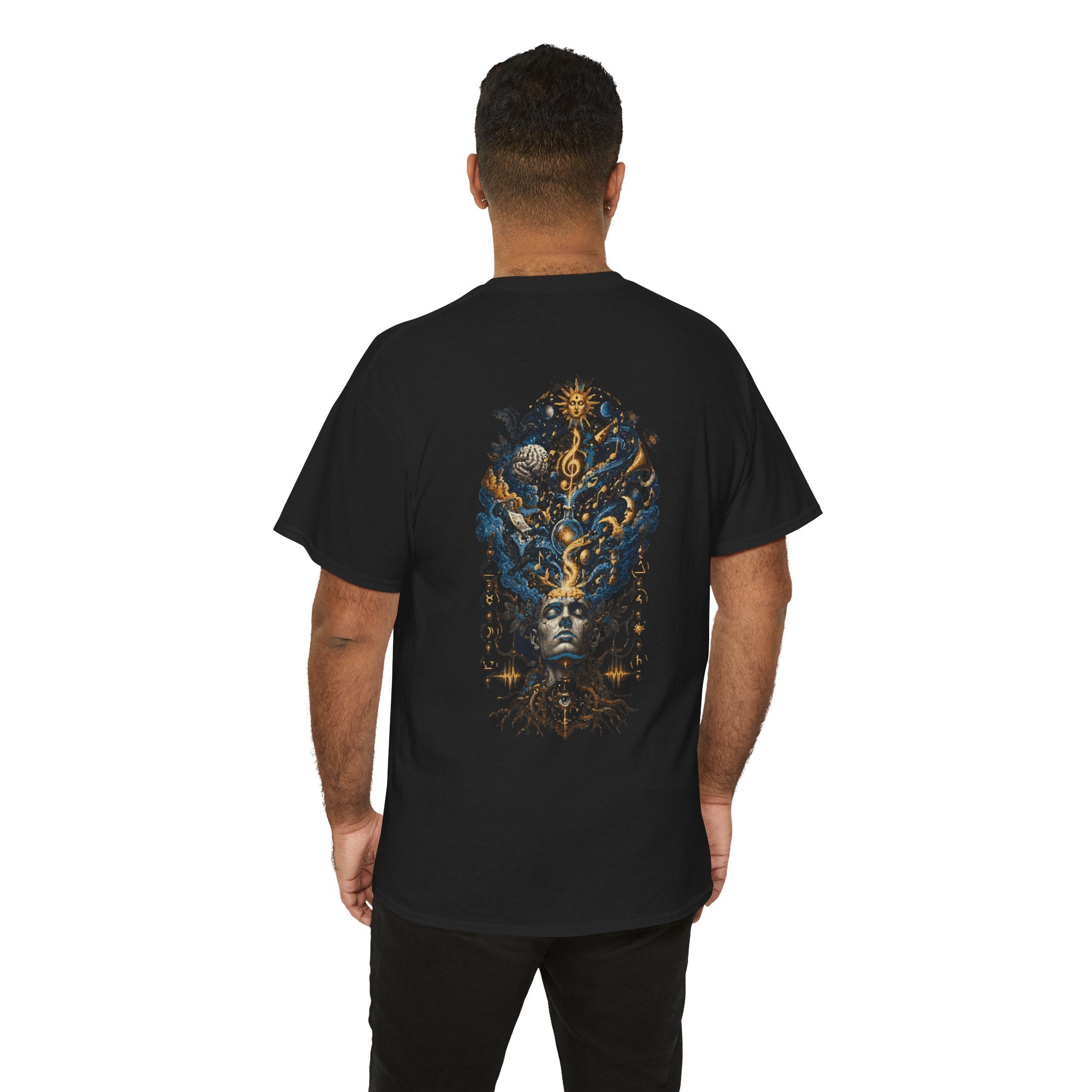 Mystic Oracle Graphic Tee — Surreal Blue & Gold Headdress Back Print