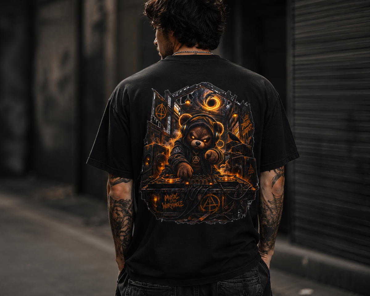 Dark Teddy Bear Night Scene with 'Little Monster DJ' Back Print