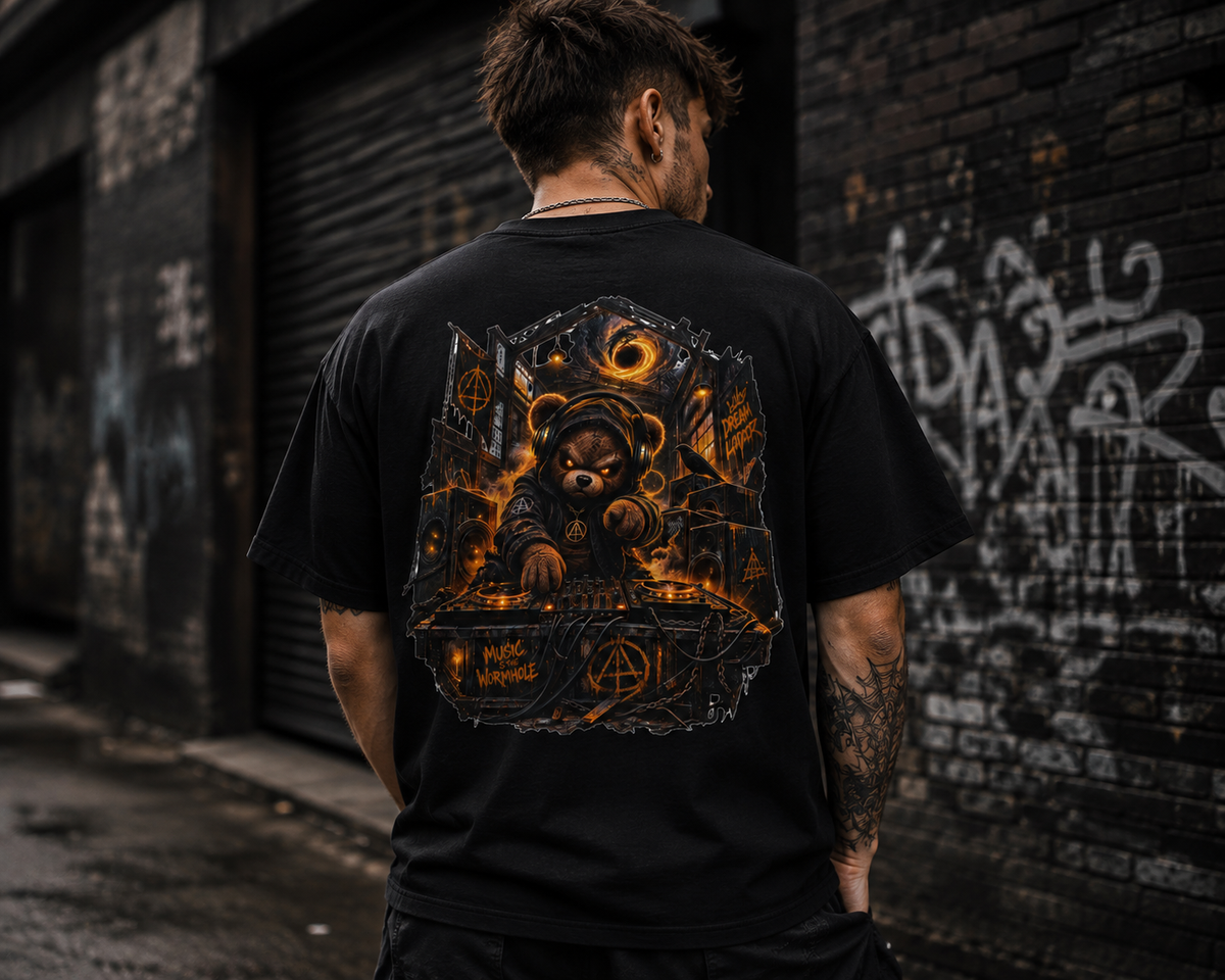Dark Teddy Bear Night Scene with 'Little Monster DJ' Back Print
