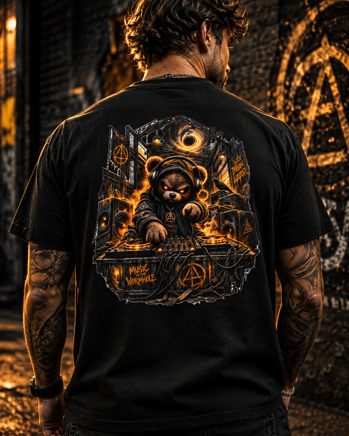 Dark Teddy Bear Night Scene with 'Little Monster DJ' Back Tee — Transmutation