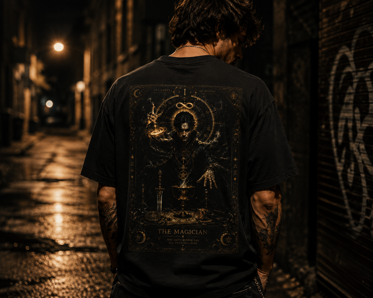 Occult Alchemist Graphic Tee — Dark Gothic Backprint with Gold Sigils