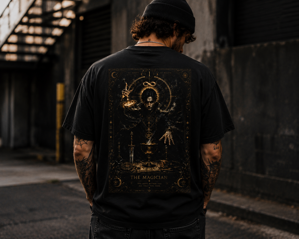 Occult Alchemist Graphic Tee — Dark Gothic Backprint with Gold Sigils