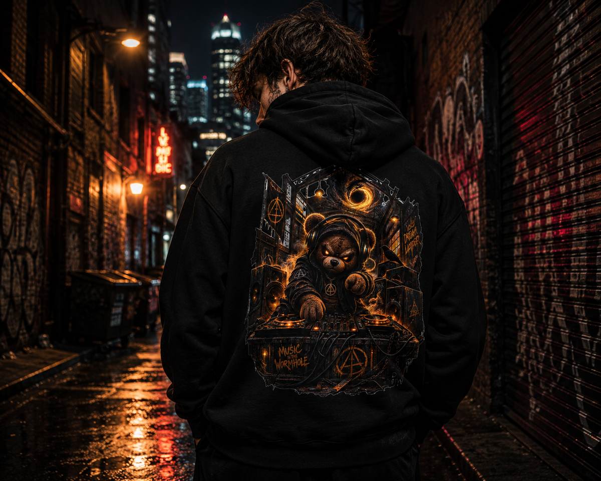 Occult DJ Hoodie — Neon Teddy Turntable Streetwear