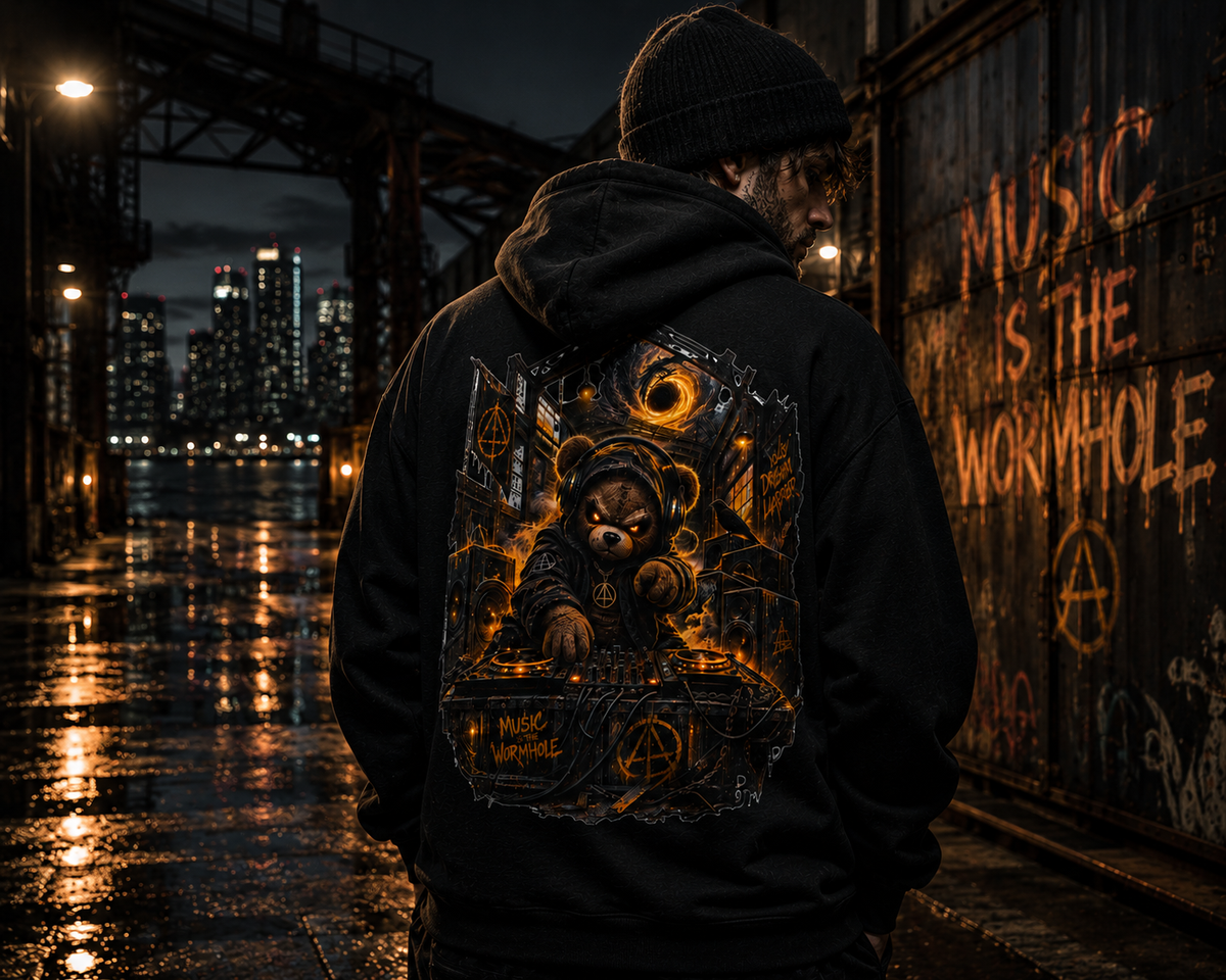 Occult DJ Hoodie — Neon Teddy Turntable Streetwear