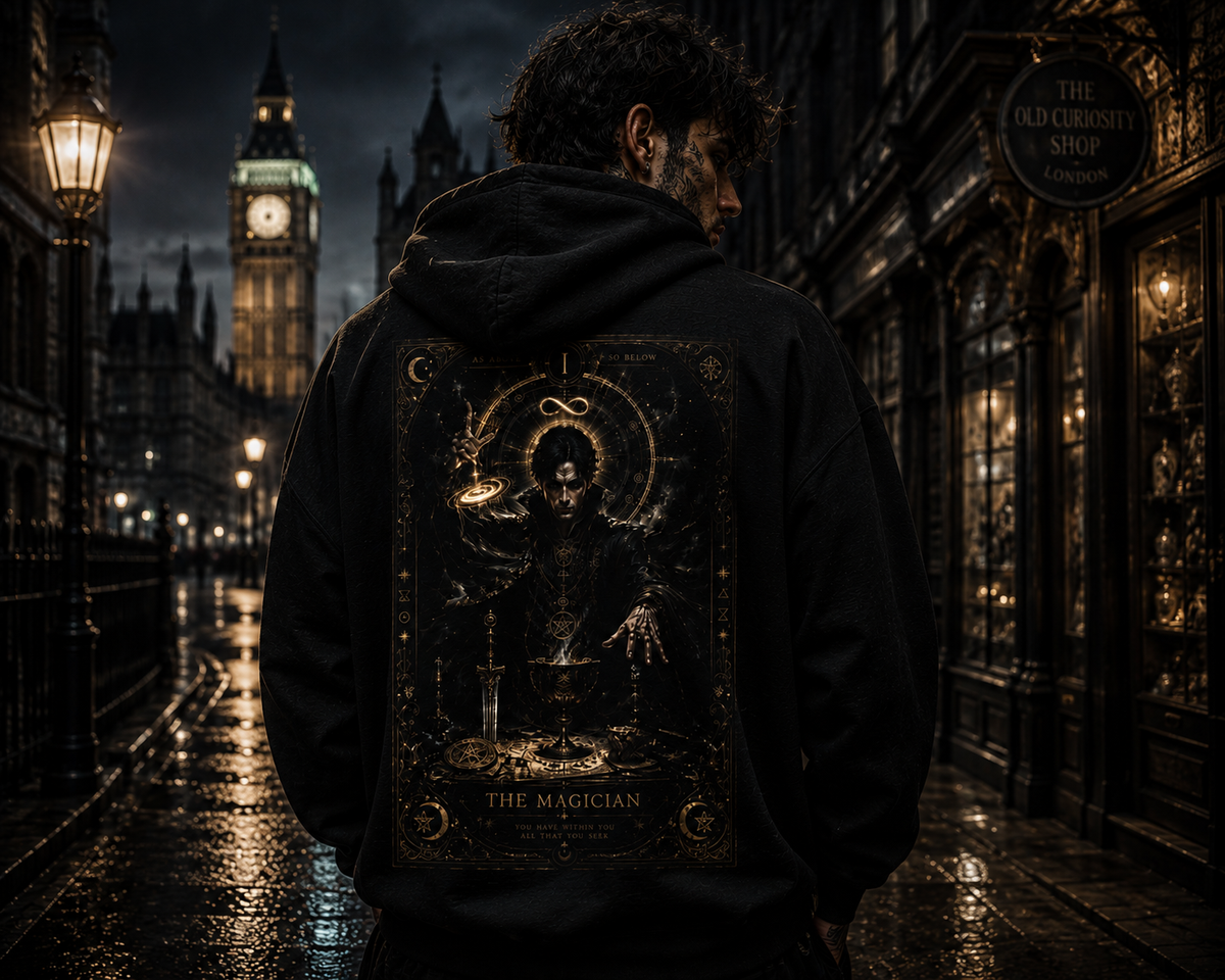 Occult Alchemist Hoodie — Mystical Gold Tarot-Style Backprint