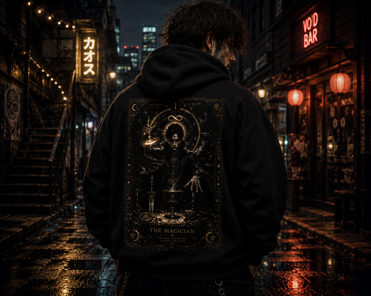 Occult Alchemist Hoodie — Mystical Gold Tarot-Style Backprint