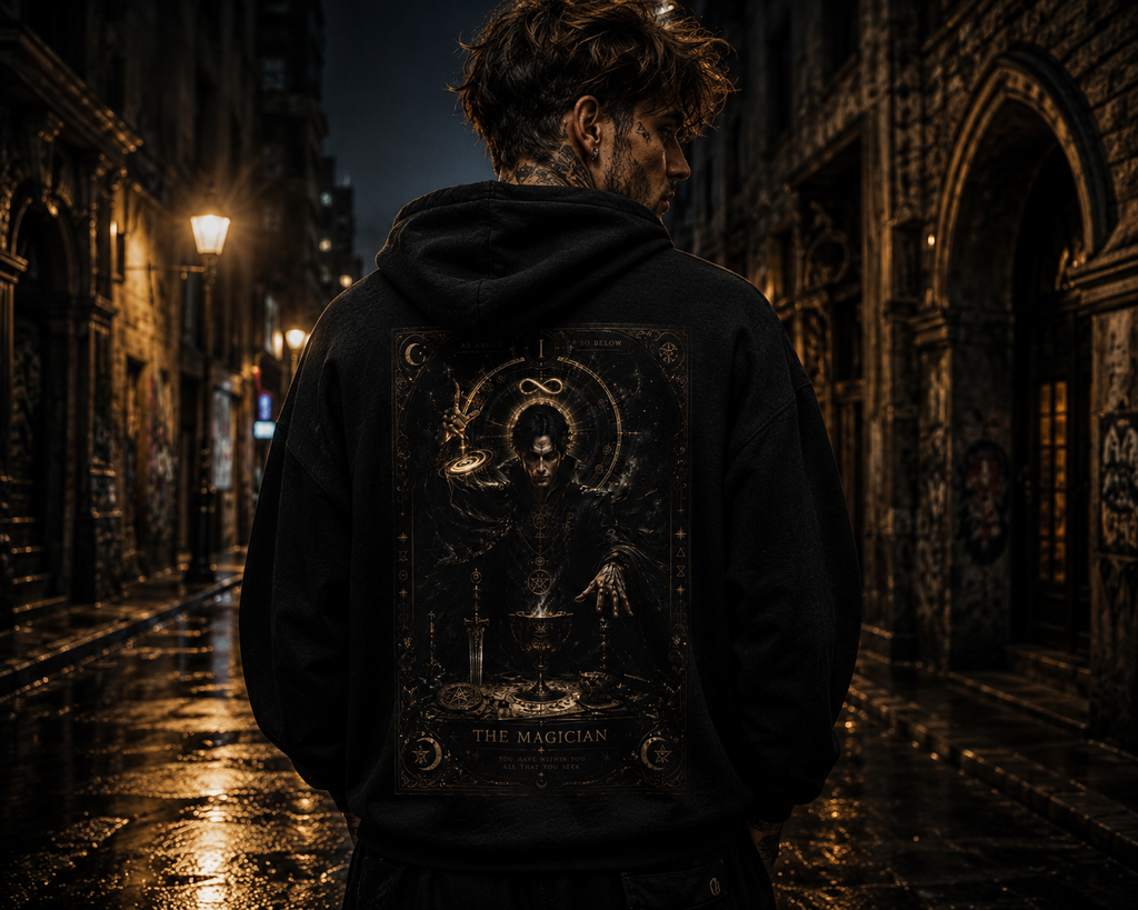 Occult Alchemist Hoodie — Mystical Gold Tarot-Style Backprint