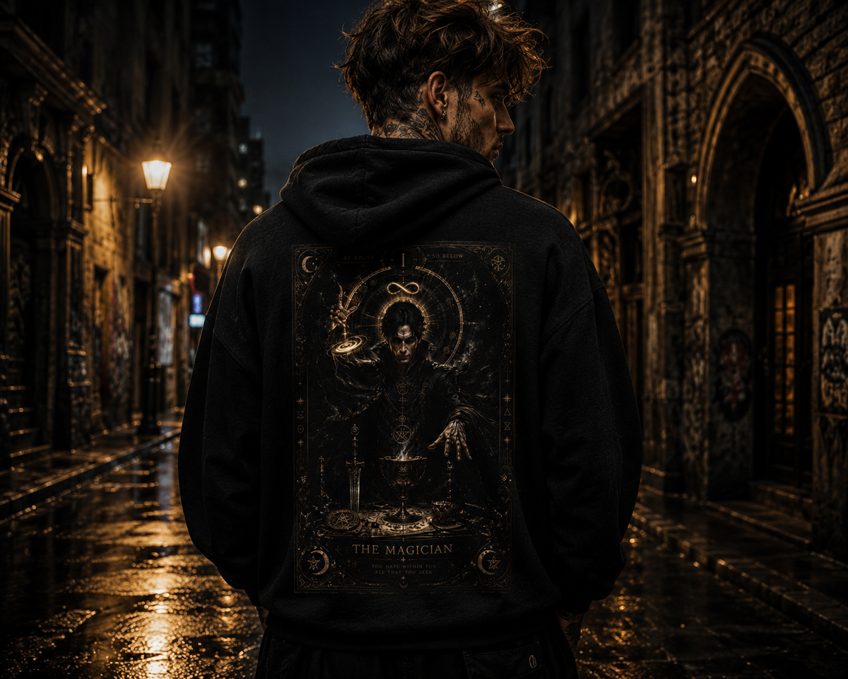 Occult Alchemist Hoodie — Mystical Gold Tarot-Style Backprint