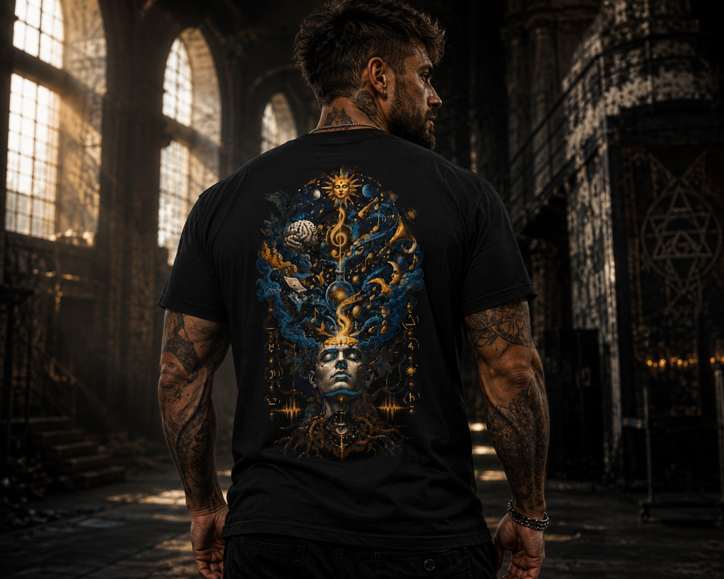 Mystic Oracle Graphic Tee — Surreal Blue & Gold Back Print