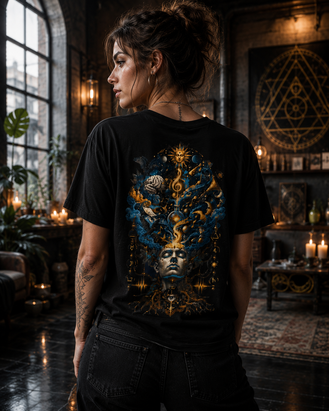 Mystic Oracle Graphic Tee — Surreal Blue & Gold Back Print