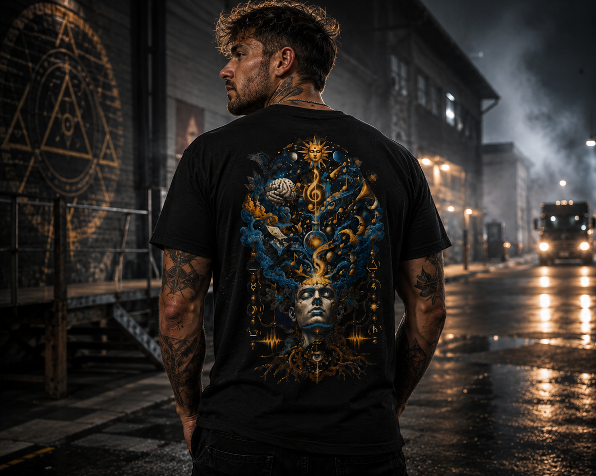 Mystic Oracle Graphic Tee — Surreal Blue & Gold Back Print