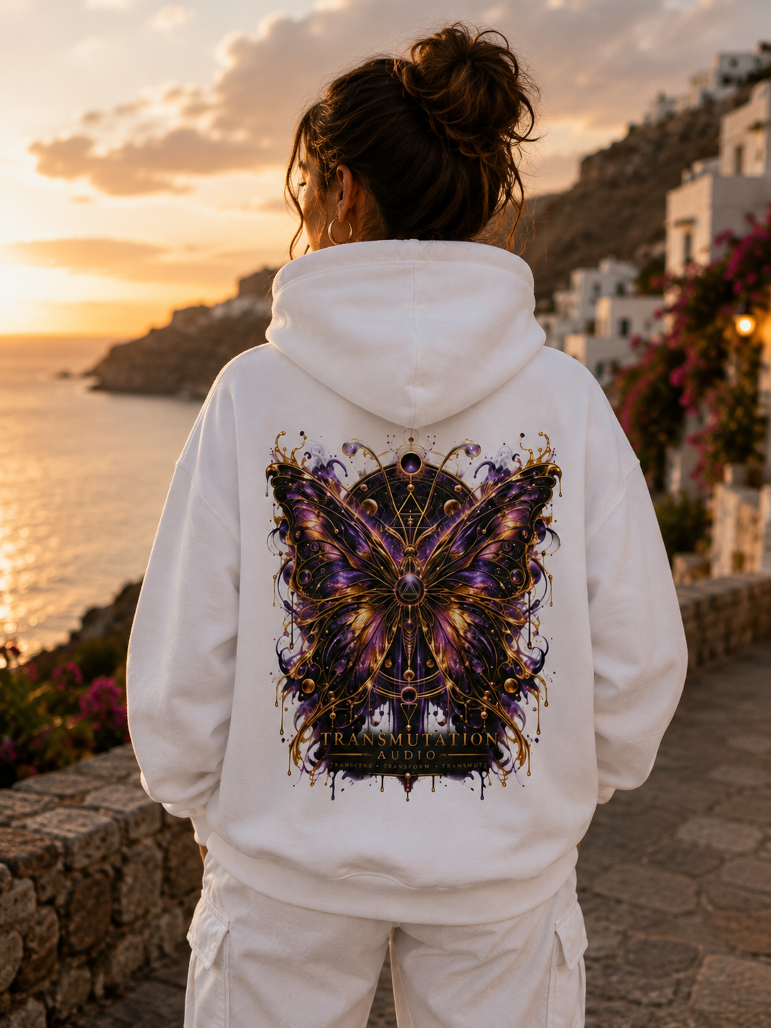 Transformation Butterfly Hoodie — Purple Gold Metamorphosis Graphic Hoodie
