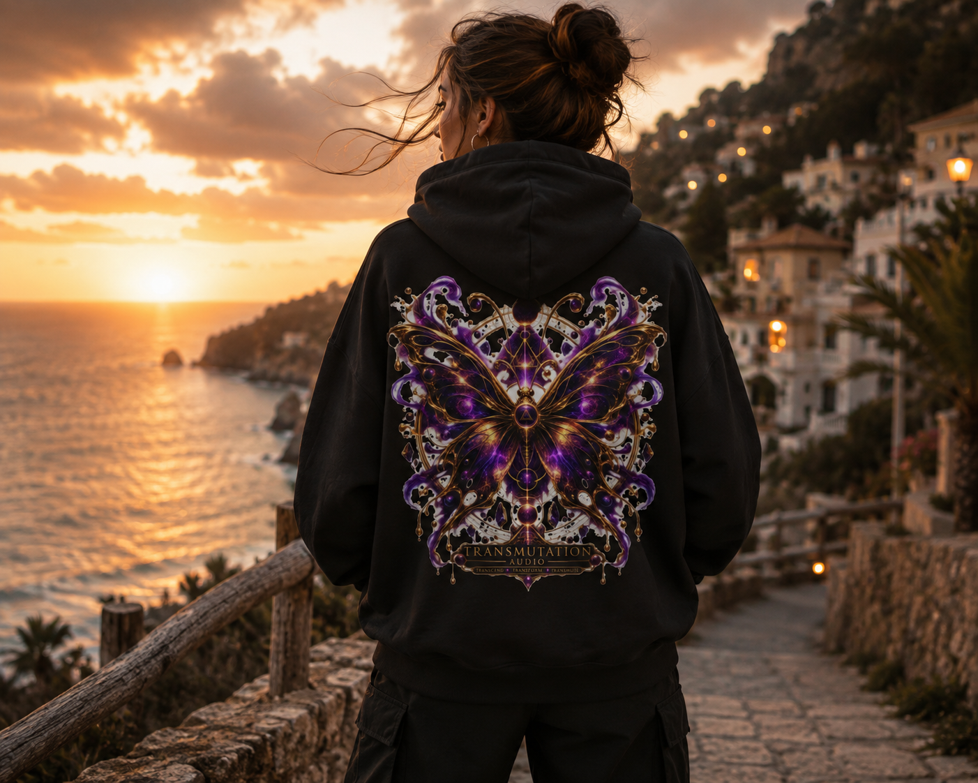 Butterfly Mandala Hoodie — Purple Gold Decorative Butterfly Back Print