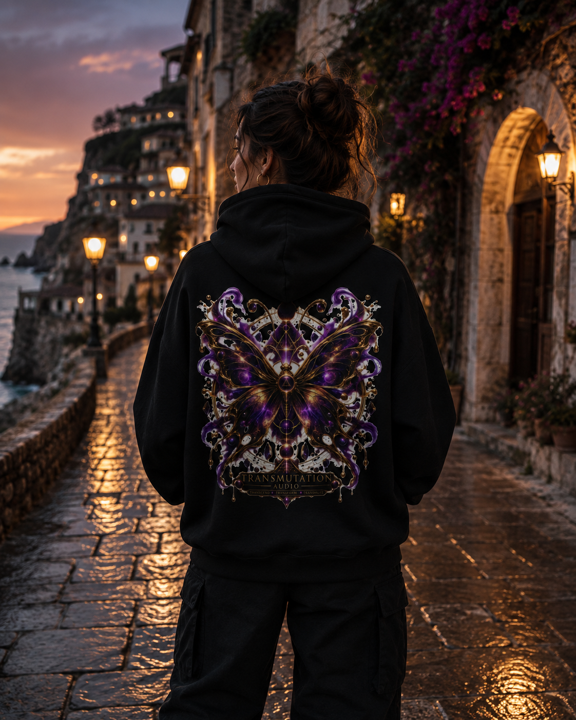 Butterfly Mandala Hoodie — Purple Gold Decorative Butterfly Back Print