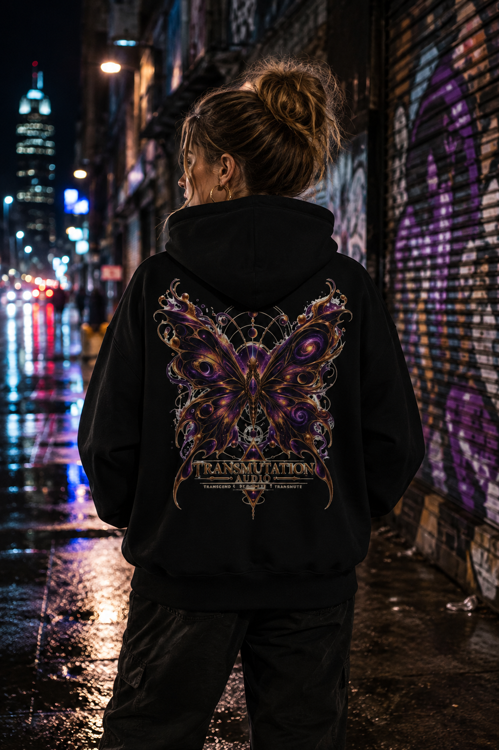 Transmutation Audio Butterfly Hoodie — Psychedelic Purple Metamorphosis Sweatshirt