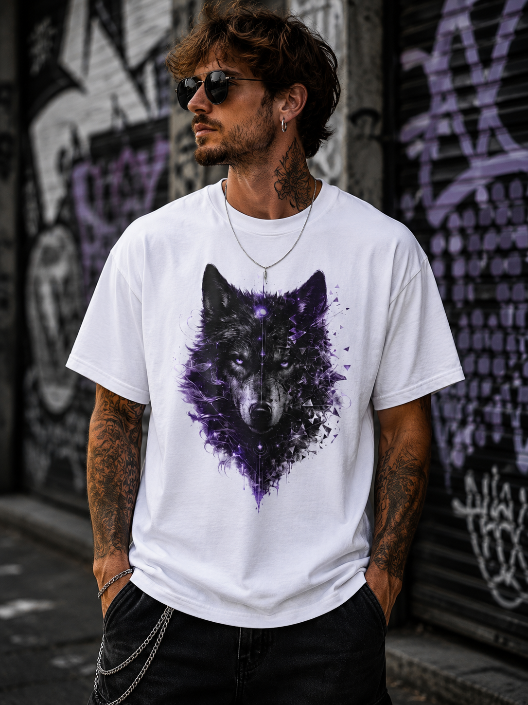 Galactic Wolf Tee  Purple Nebula Wolf Head Mystical Animal Shirt