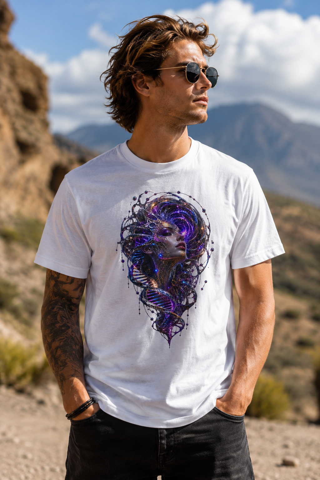 Quantum Ascension T-Shirt – Psychedelic DNA Cosmic Woman Tee, Futuristic Rave Festival Shirt, Spiritual Visionary Art