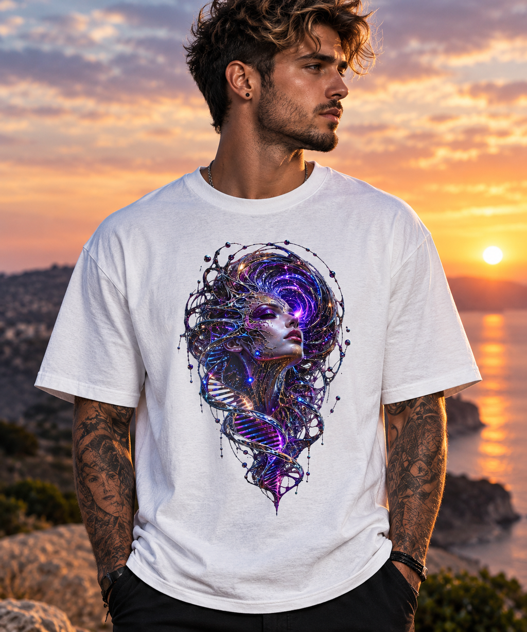 Quantum Ascension T-Shirt – Psychedelic DNA Cosmic Woman Tee, Futuristic Rave Festival Shirt, Spiritual Visionary Art