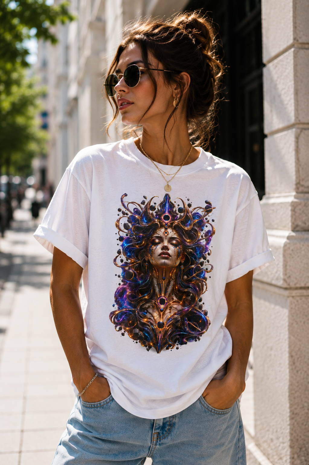 Cosmic Oracle T-Shirt, Psychedelic Goddess Graphic Tee, Celestial Fantasy Art Shirt, Festival Streetwear, Mystical Unisex Tee