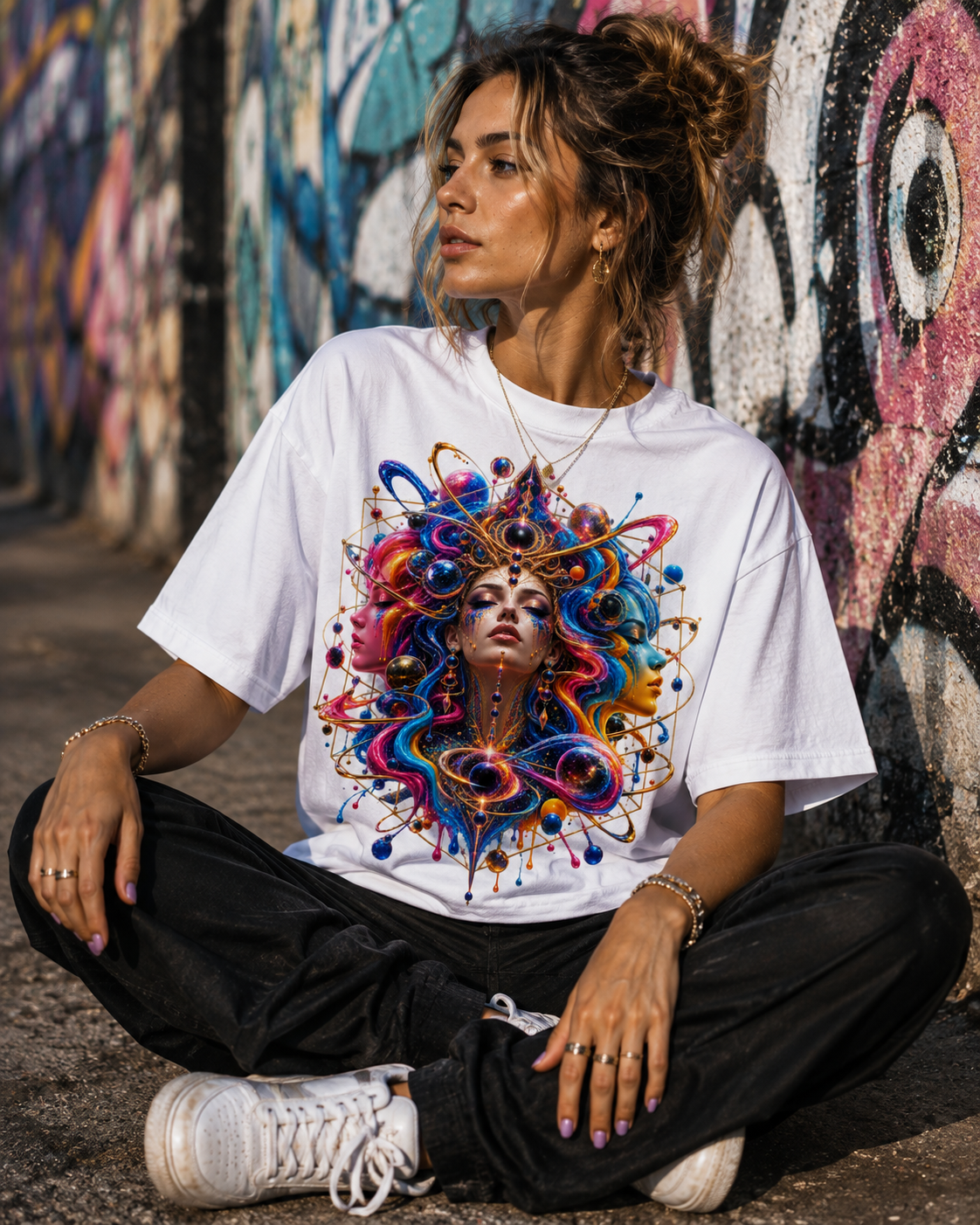 CELESTIAL TRINITY Psychedelic Cosmic Goddess T Shirt Astral Trinity, Cosmic Empress, Celestial Awakening, Infinite Goddess, Astral Divinity.