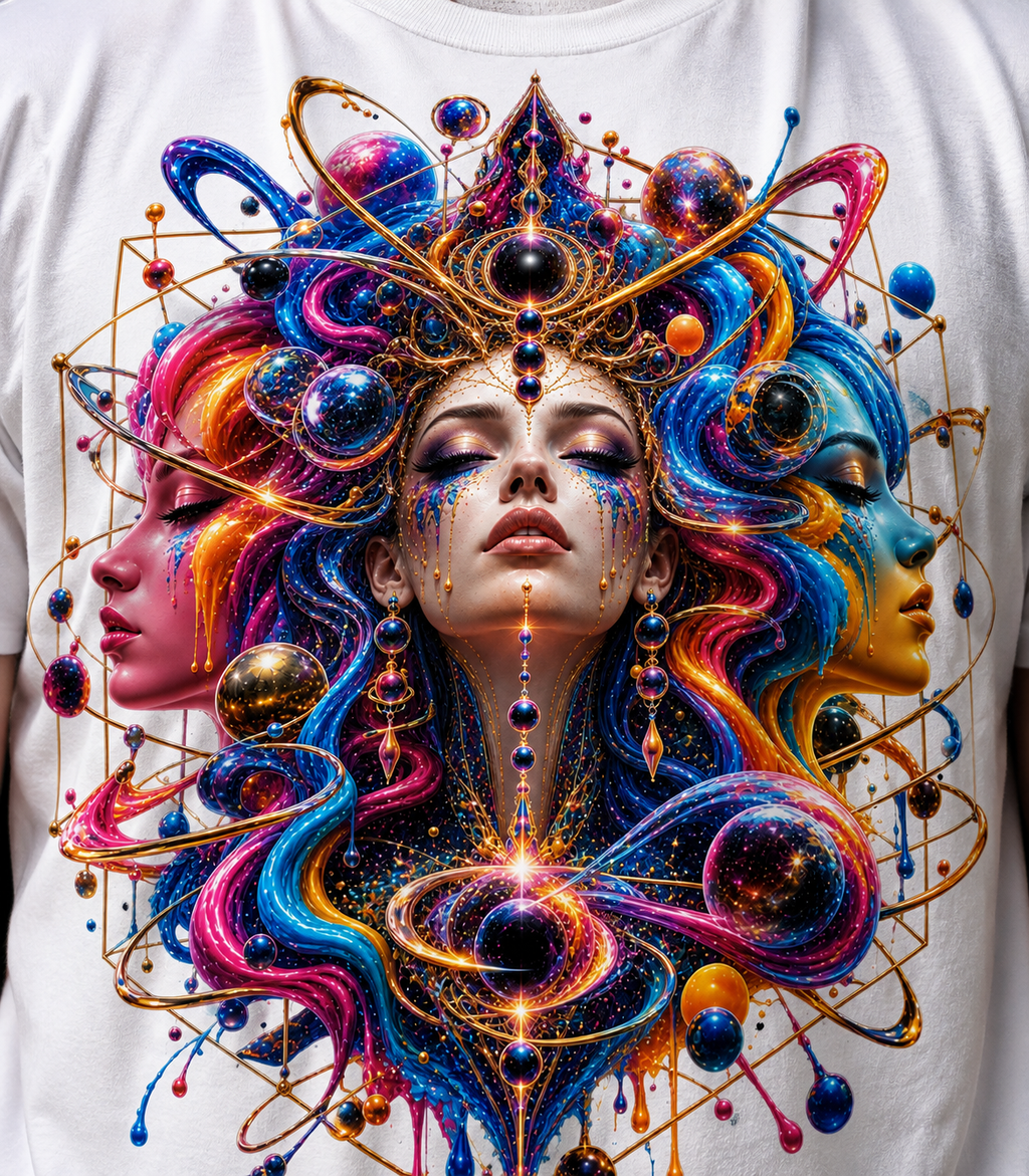 CELESTIAL TRINITY Psychedelic Cosmic Goddess T Shirt Astral Trinity, Cosmic Empress, Celestial Awakening, Infinite Goddess, Astral Divinity.