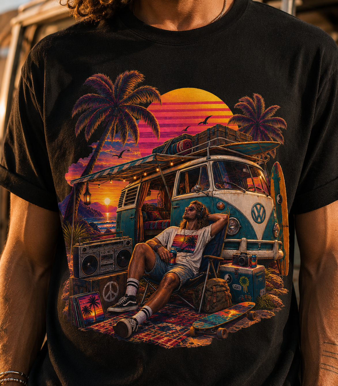 Retro Van Life T-Shirt  80s Sunset Camper Music Graphic Tee