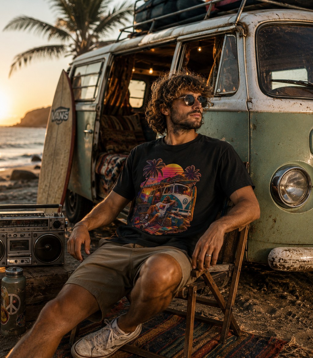Retro Van Life T-Shirt  80s Sunset Camper Music Graphic Tee