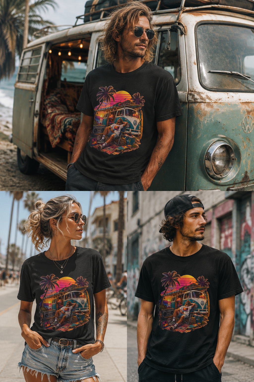 Retro Van Life T-Shirt  80s Sunset Camper Music Graphic Tee