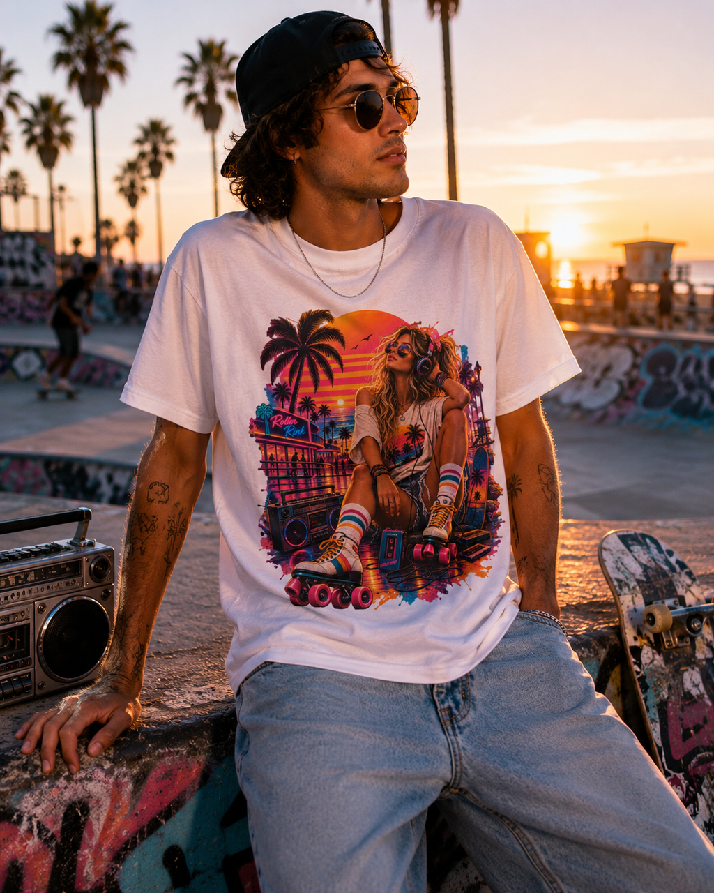 Neon Roller, Roller Rink, Sunset,  Retro 80s, Roller Skate Graphic T-Shirt