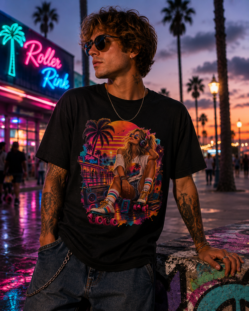 Neon Roller, Roller Rink, Sunset,  Retro 80s, Roller Skate Graphic T-Shirt
