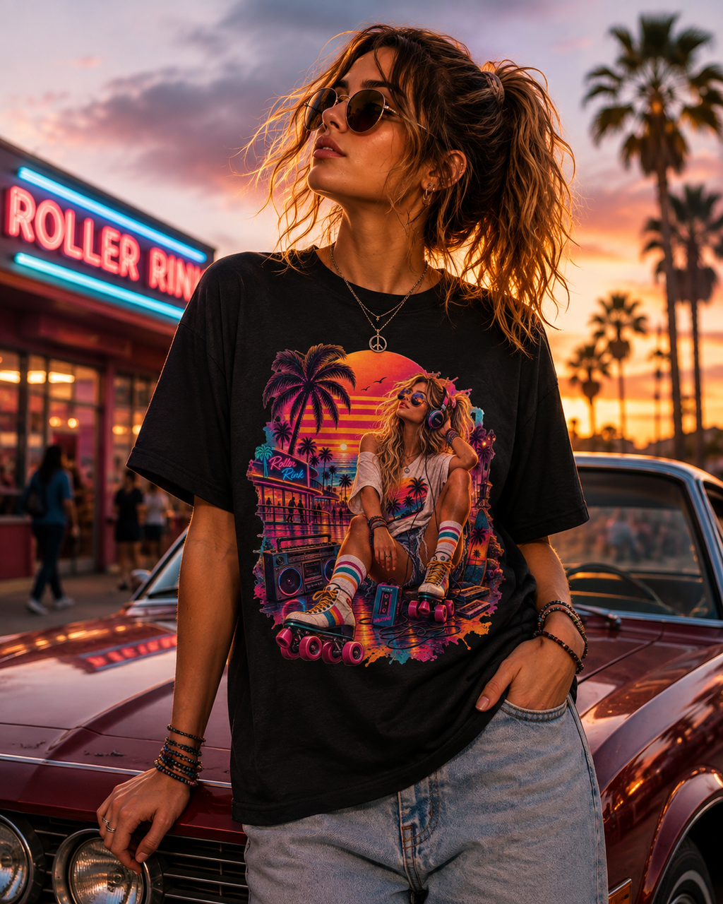 Neon Roller, Roller Rink, Sunset,  Retro 80s, Roller Skate Graphic T-Shirt