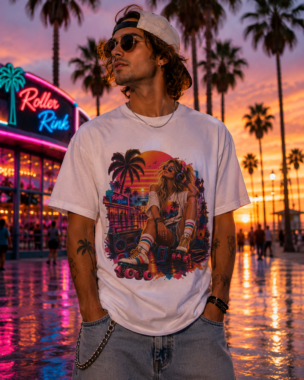 Neon Roller, Roller Rink, Sunset,  Retro 80s, Roller Skate Graphic T-Shirt