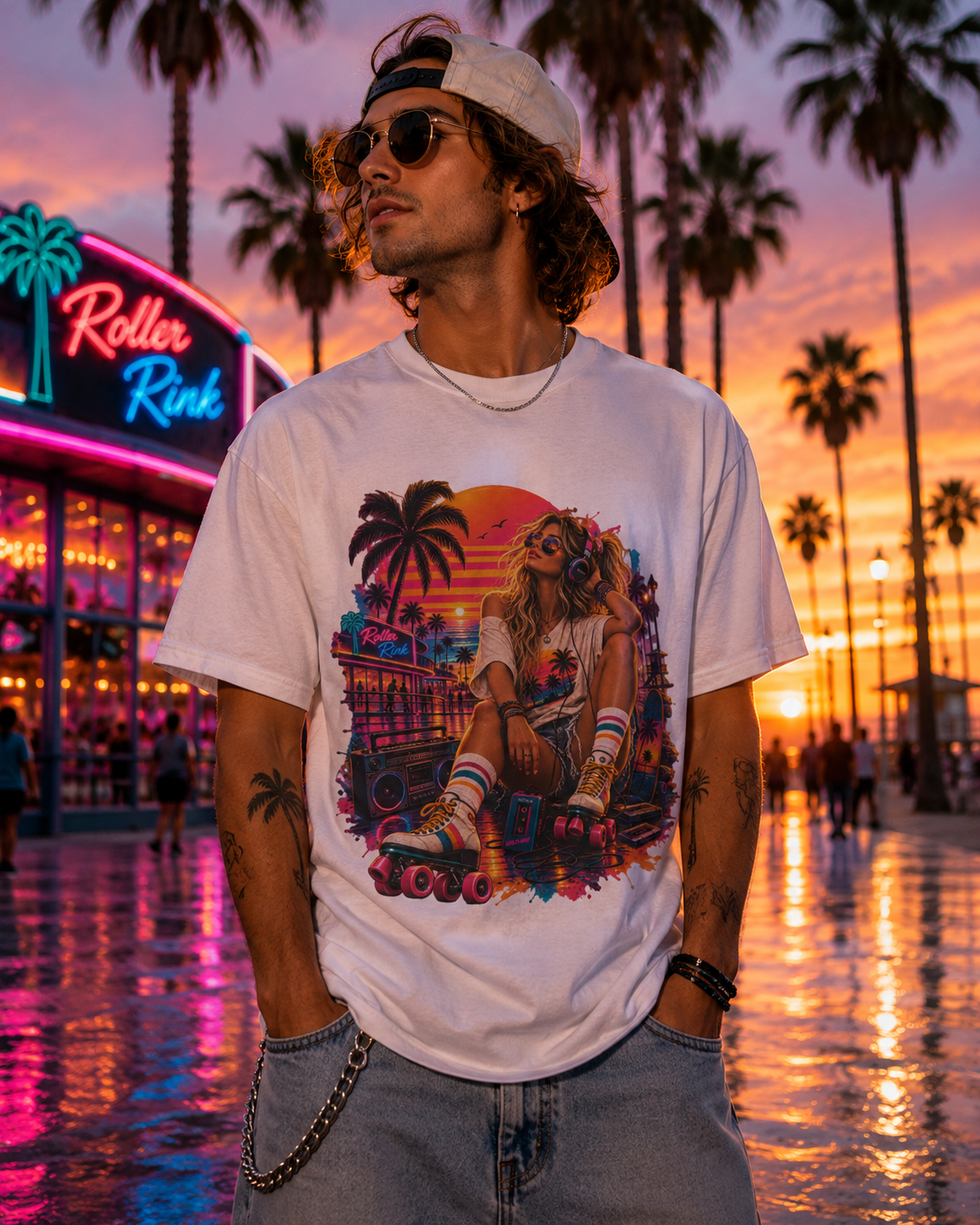 Neon Roller, Roller Rink, Sunset,  Retro 80s, Roller Skate Graphic T-Shirt