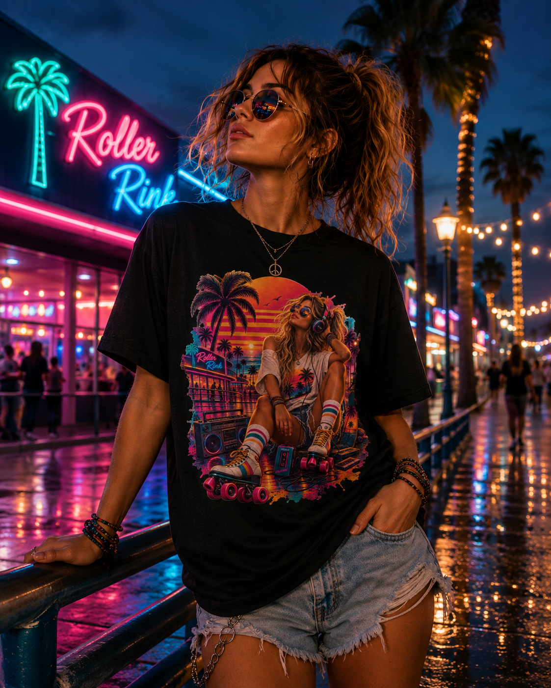 Neon Roller, Roller Rink, Sunset,  Retro 80s, Roller Skate Graphic T-Shirt