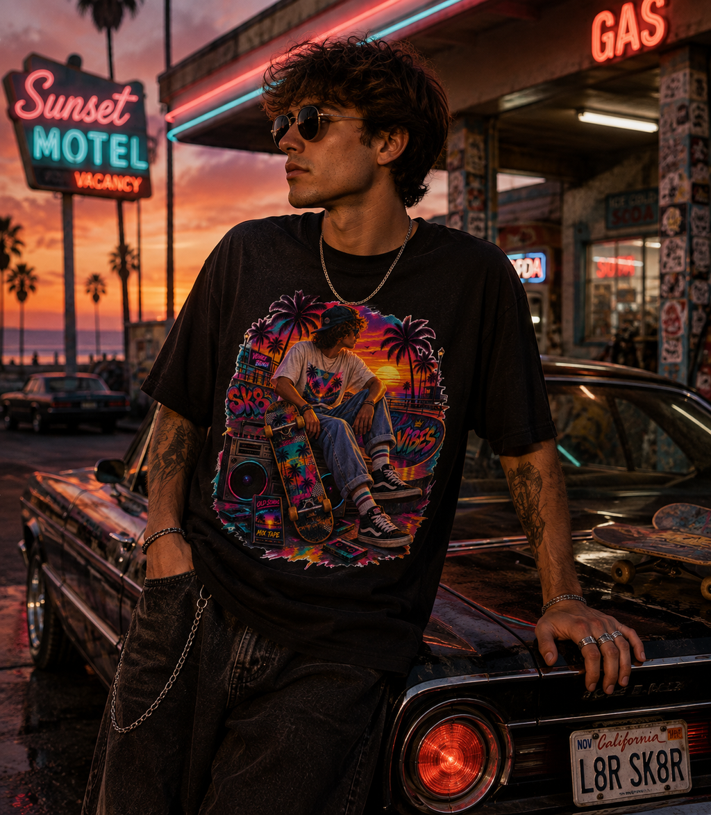Sunset Sk8 Vibes Retro Venice Beach Skateboard Graphic Tee Retro Skateboard Beach Graphic Tee