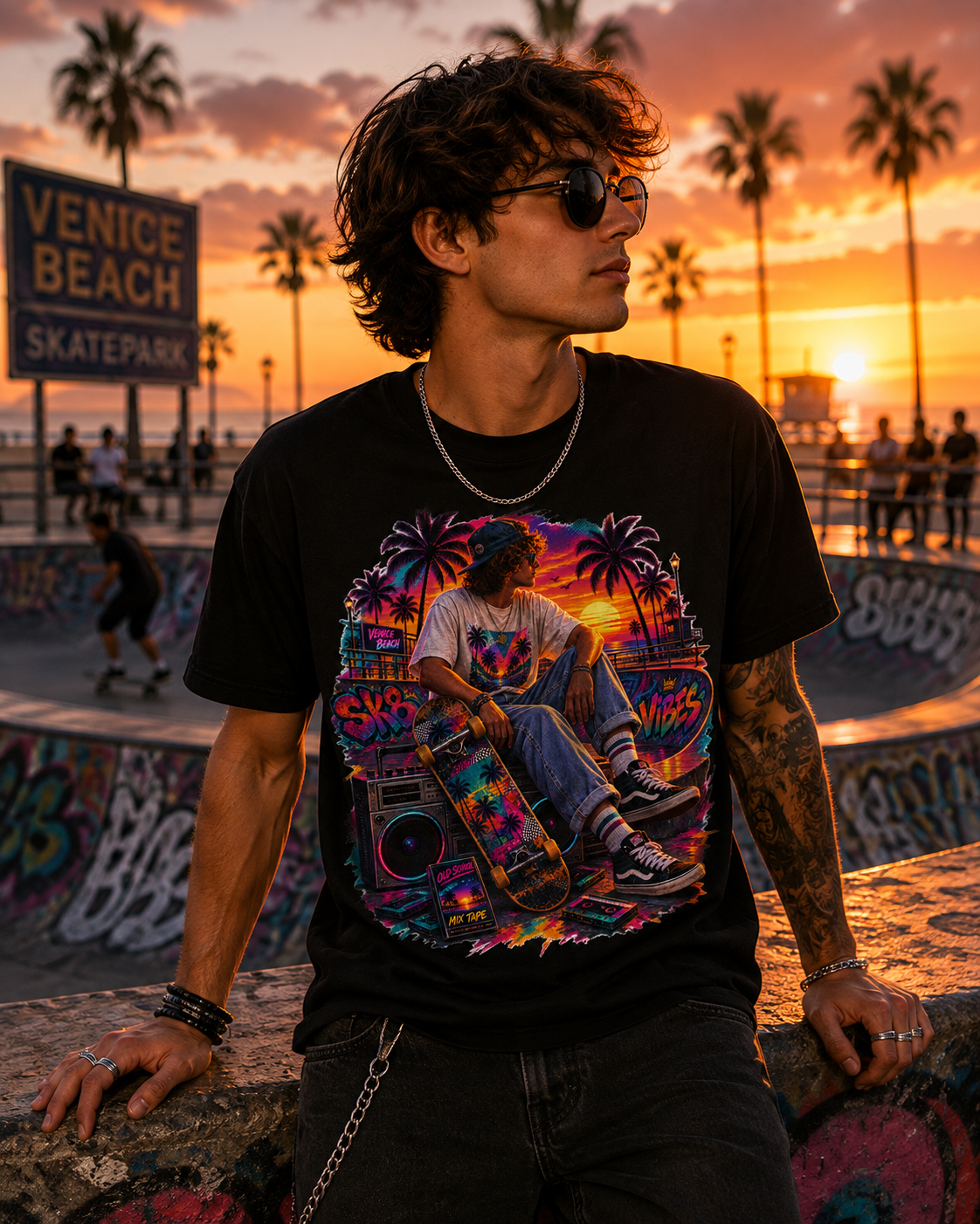 Sunset Sk8 Vibes Retro Venice Beach Skateboard Graphic Tee Retro Skateboard Beach Graphic Tee