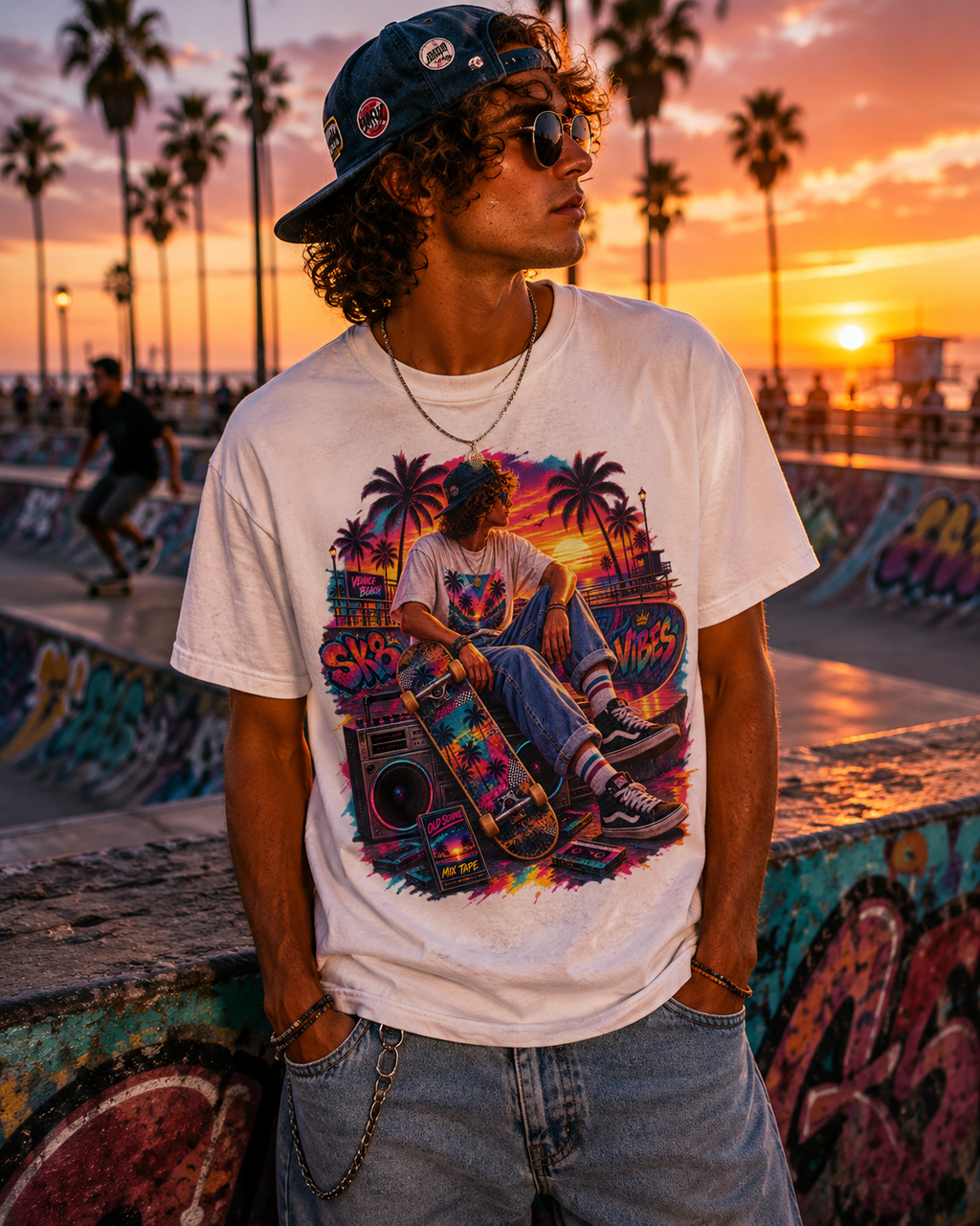 Sunset Sk8 Vibes Retro Venice Beach Skateboard Graphic Tee Retro Skateboard Beach Graphic Tee