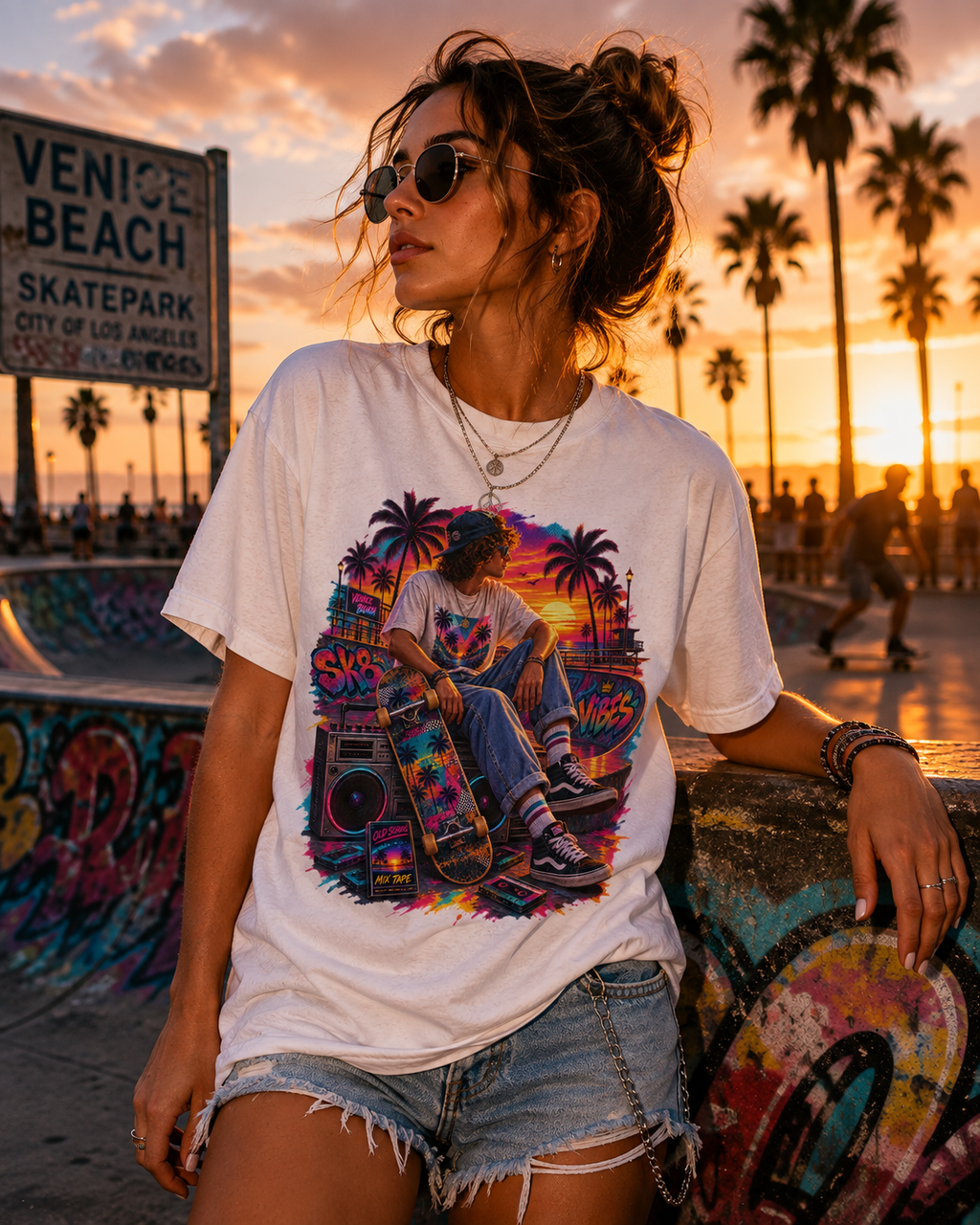 Sunset Sk8 Vibes Retro Venice Beach Skateboard Graphic Tee Retro Skateboard Beach Graphic Tee