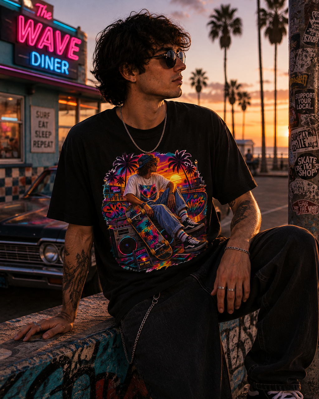 Sunset Sk8 Vibes Retro Venice Beach Skateboard Graphic Tee Retro Skateboard Beach Graphic Tee