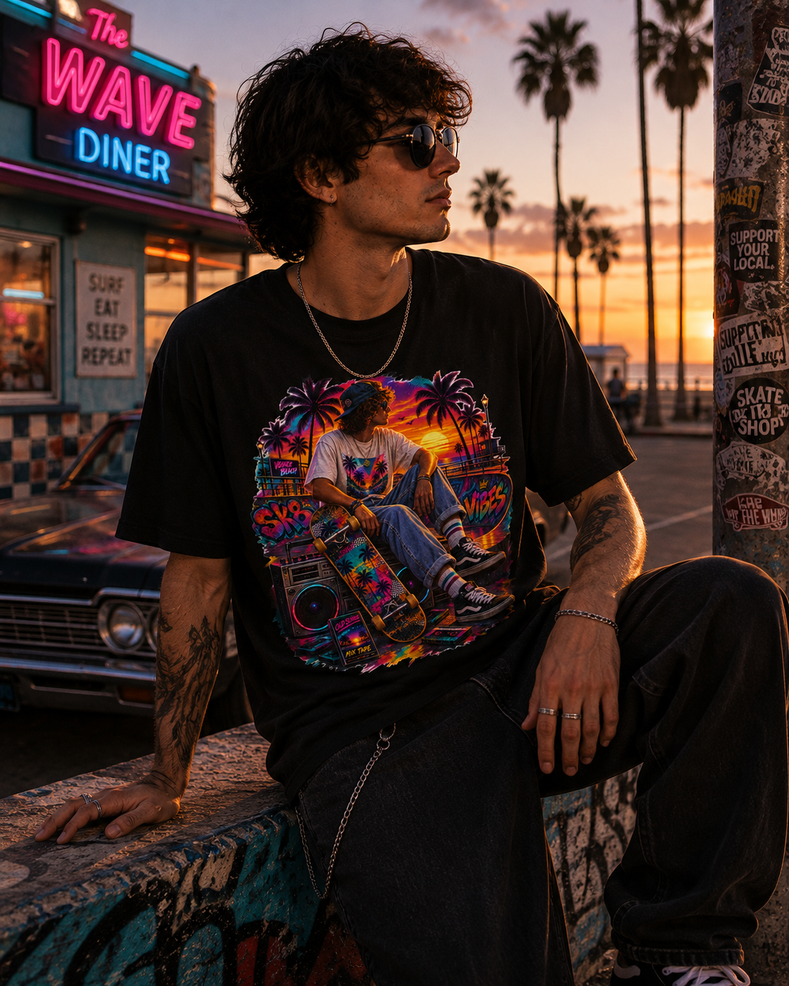 Sunset Sk8 Vibes Retro Venice Beach Skateboard Graphic Tee Retro Skateboard Beach Graphic Tee