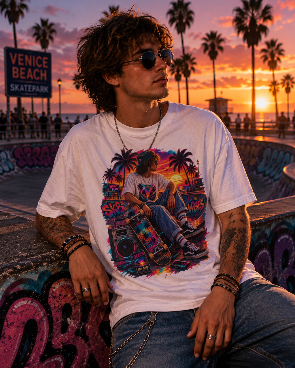 Sunset Sk8 Vibes Retro Venice Beach Skateboard Graphic Tee Retro Skateboard Beach Graphic Tee